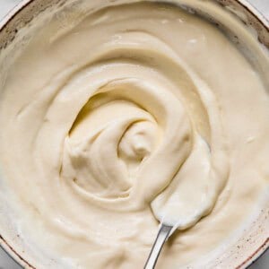 A bowl filled with smooth, creamy white yogurt being stirred with a metal spoon on a light surface.