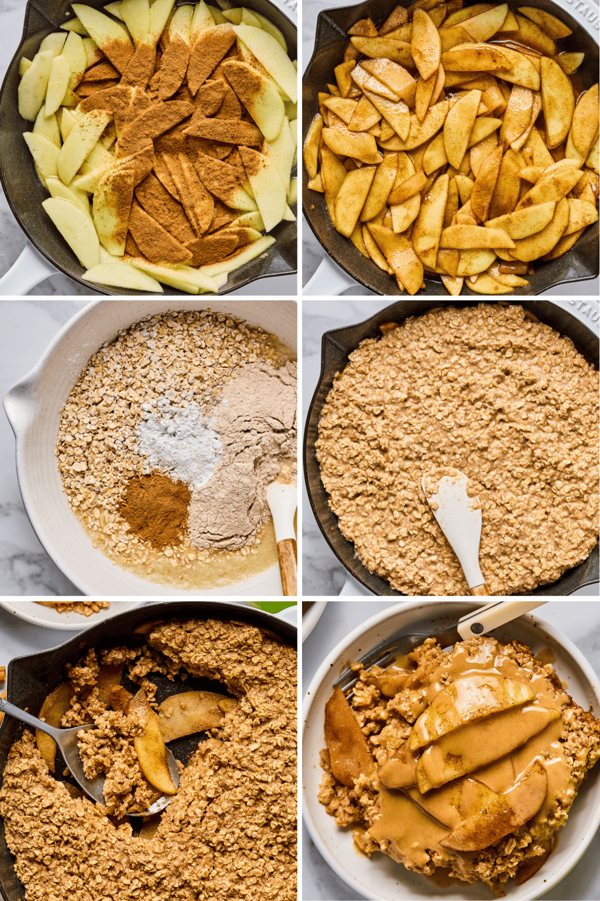 Six-panel image showing the step-by-step process of making apple crisp, from sliced apples and cinnamon to mixing oats, assembling, baking, and serving the finished dessert.