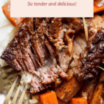 Braised short ribs served over mashed potatoes with carrots and rosemary, shown tender and ready to eat with a gold fork.
