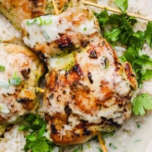 Close-up of grilled chicken skewers with creamy sauce, served on white rice and garnished with fresh cilantro and chopped green onions.