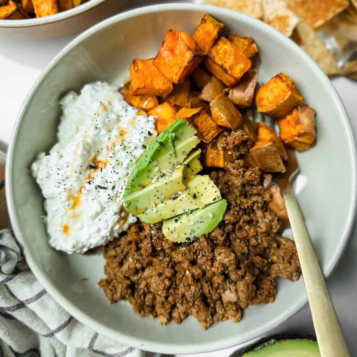Viral Sweet Potato Hot Honey Ground Beef Bowls with Cottage Cheese