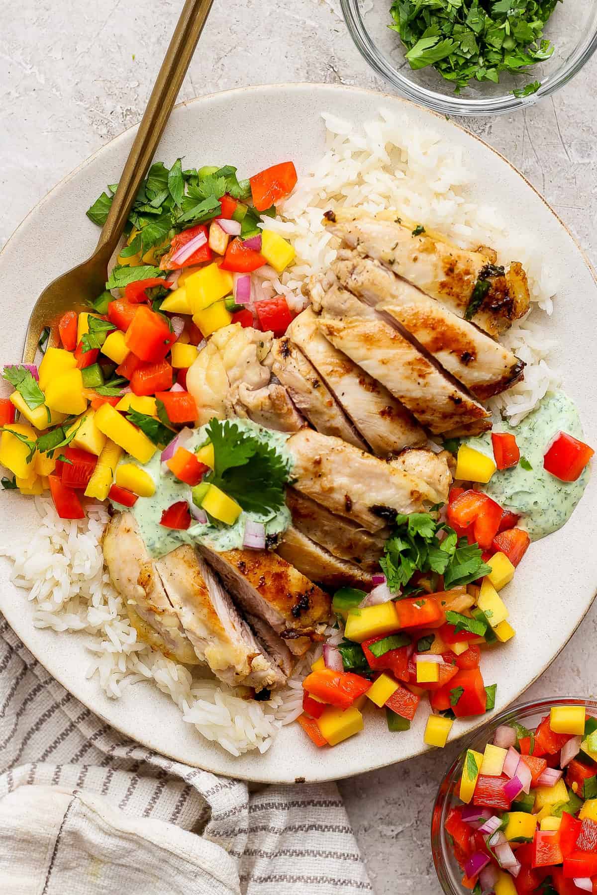 A plate of sliced grilled chicken breast served over white rice with chopped mango, red bell pepper, red onion, herbs, and a dollop of green sauce.