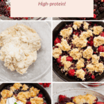 Six-step collage showing the process of making cottage cheese berry cobbler, from mixing berries and dough to baking and serving with whipped cream and mint.