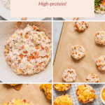 Step-by-step process of making breakfast biscuits with cottage cheese and vegetables, from mixing ingredients to baking, then cooling the finished biscuits on a wire rack.