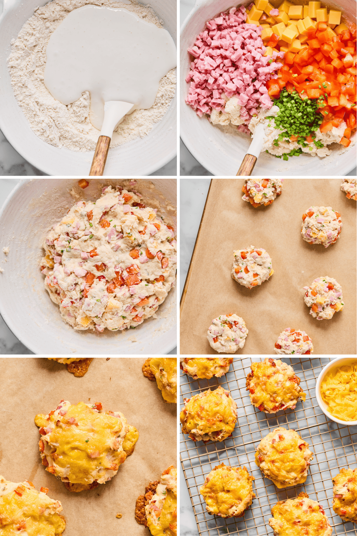 Step-by-step images show how to make savory breakfast biscuits with flour, cream, diced ham, cheddar, bell pepper, and jalapeño—mixed together, portioned onto a tray, baked golden brown, and cooled on a rack.