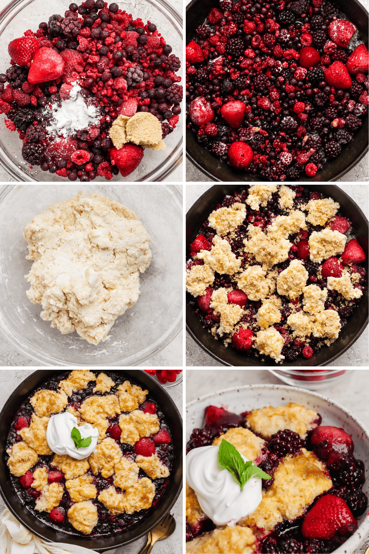 Step-by-step images show the process of making a berry cobbler, from mixing berries and dough, to baking, and serving with whipped cream and a mint garnish.