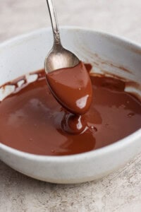 A spoon is dipped into a bowl of melted chocolate, with some chocolate coating the spoon.