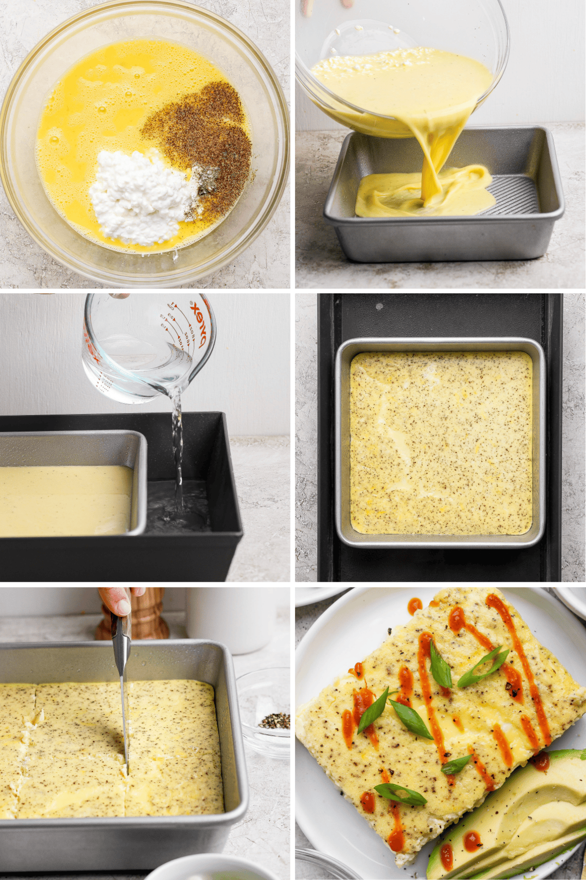 Step-by-step process of making baked egg squares: mixing ingredients, pouring into a pan, baking in a water bath, cutting, and serving topped with avocado, green onions, and sauce.