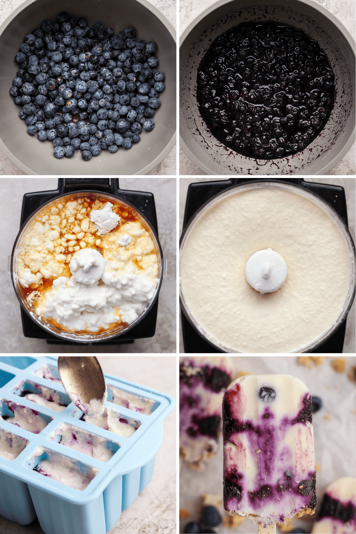 Six-step process of making blueberry cheesecake popsicles: fresh blueberries, cooked mixture, blended cheesecake filling, filled popsicle molds, and finished popsicles with visible blueberry swirls.