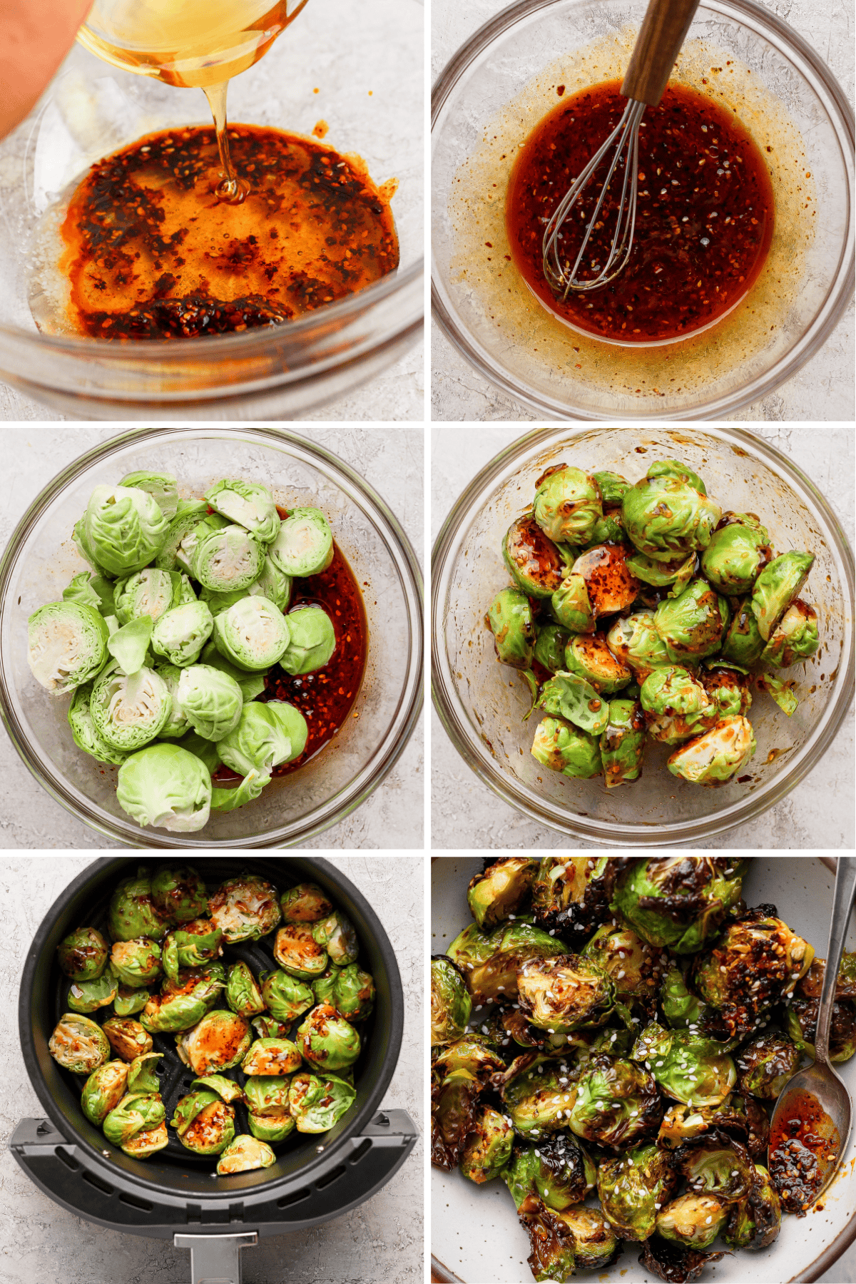 Step-by-step process of making spicy roasted Brussels sprouts, including mixing sauce, coating sprouts, and air frying until crispy.