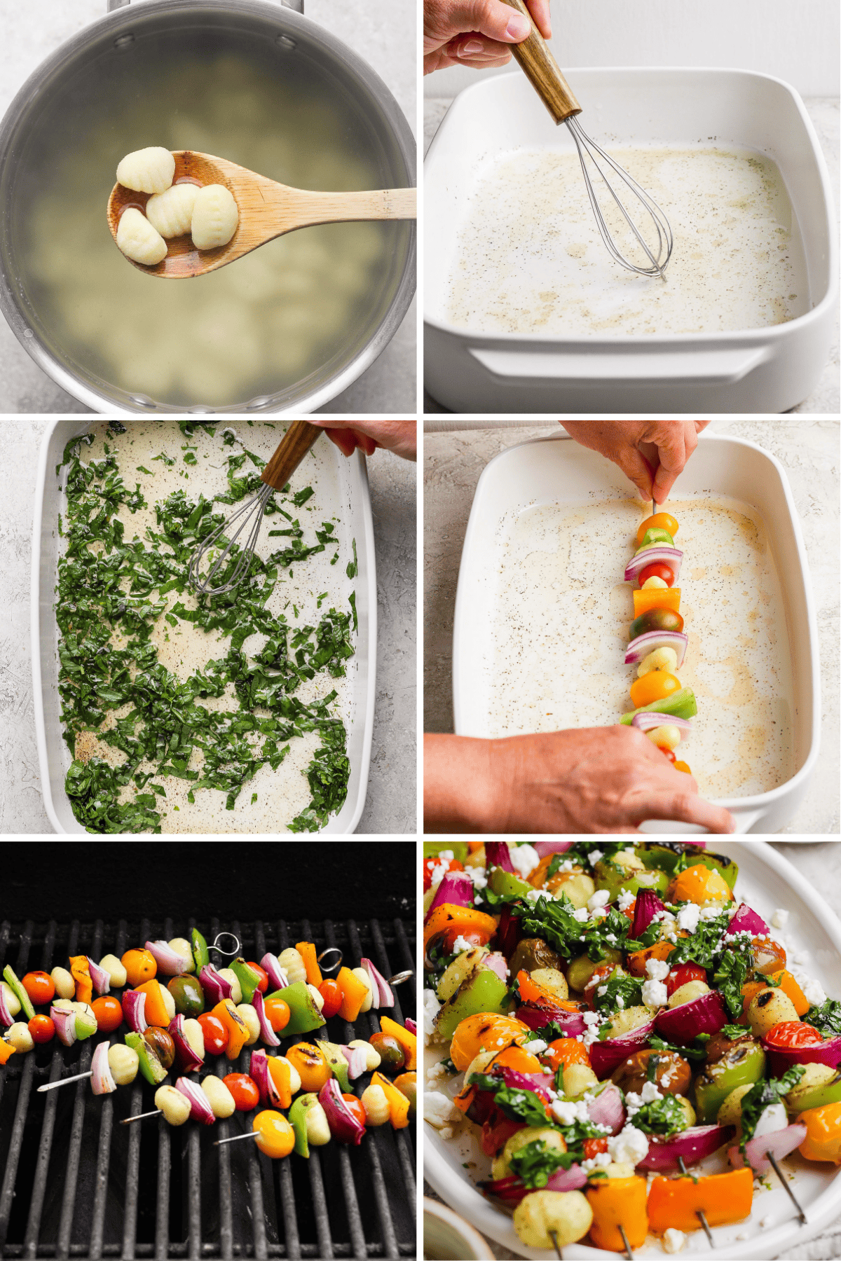A collage shows grilled gnocchi skewers being boiled, sauce prepared and poured over greens, then skewered with vegetables, grilled to perfection, and served garnished with cheese and herbs.