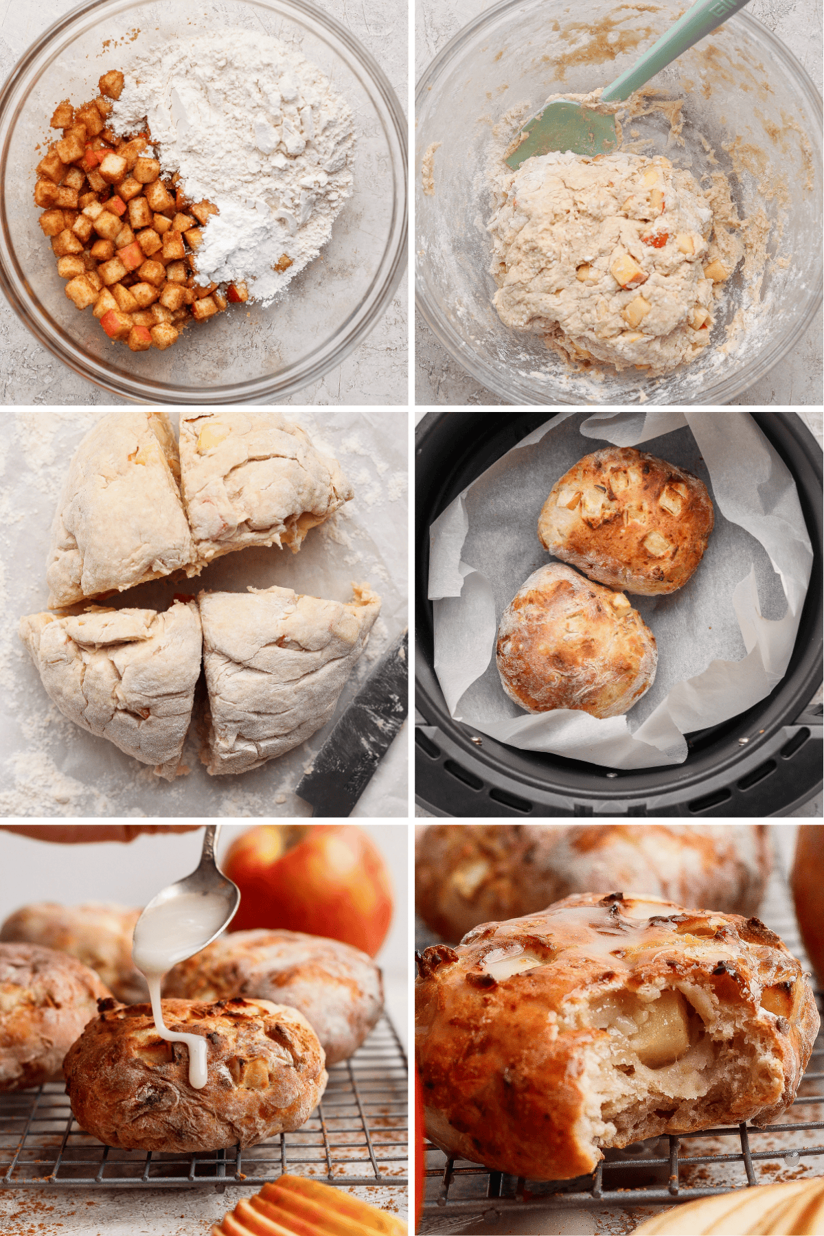 A step-by-step process of making apple scones: mixing ingredients, forming dough, baking in an air fryer, drizzling icing, and showing the baked scone with apple pieces inside.