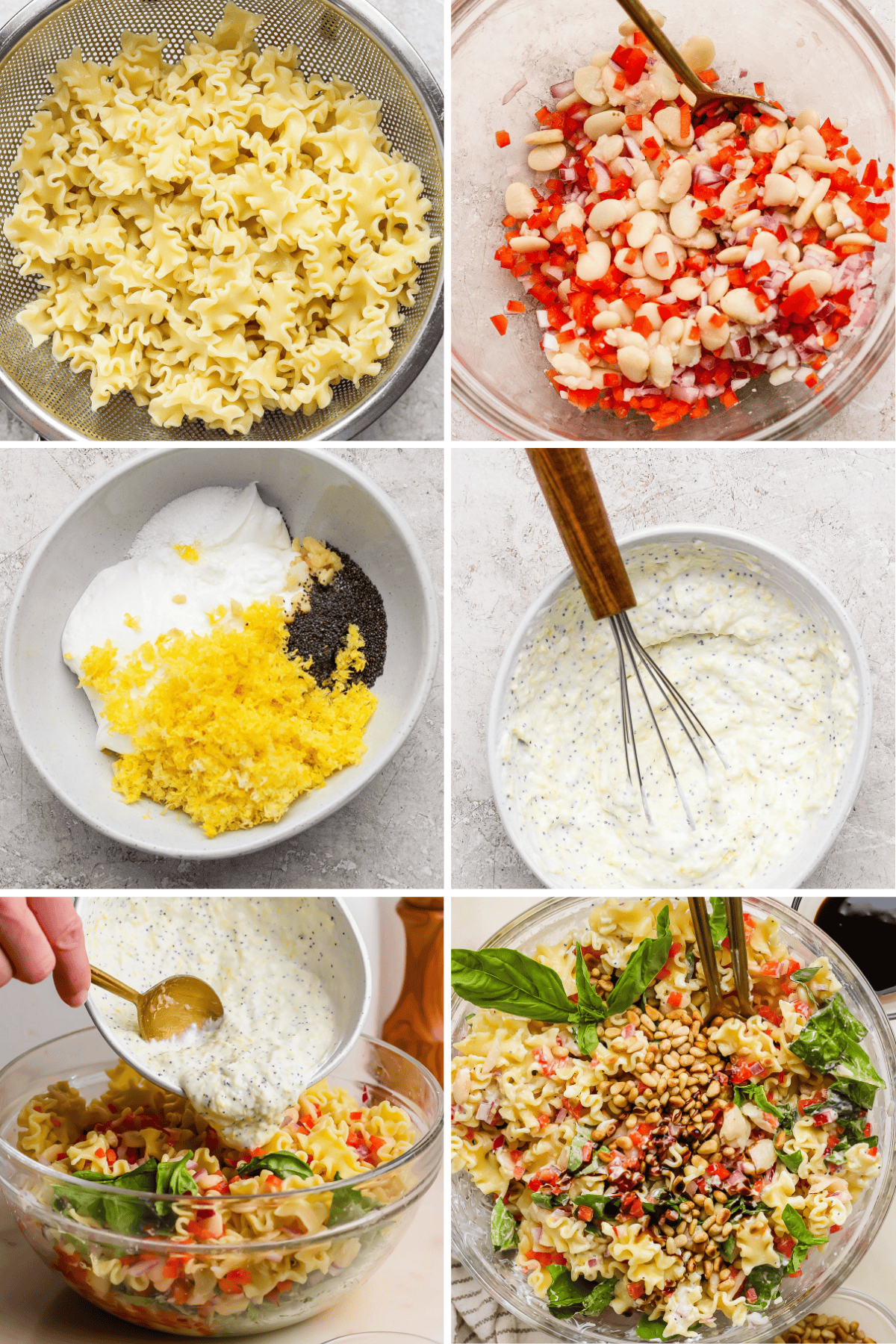 Six-step collage showing pasta salad preparation: cooked pasta, chopped vegetables with beans, ingredients for dressing, mixed dressing, dressing poured onto salad, and finished salad with pine nuts and basil.