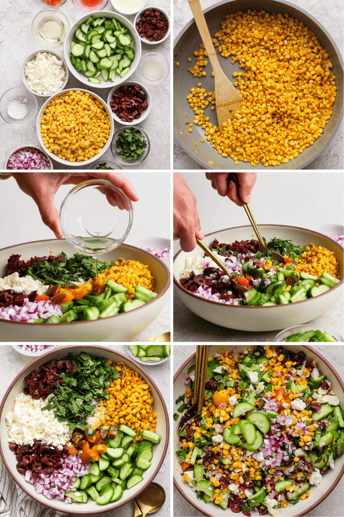 A step-by-step collage showing ingredients for a salad, sautéing corn, adding dressing, and mixing vegetables, cheese, and herbs in a large bowl.