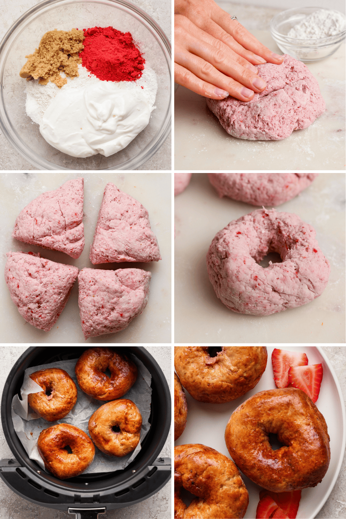 Step-by-step process of making strawberry-flavored donuts: mixing ingredients, kneading dough, shaping donuts, air frying, and serving with fresh strawberries.