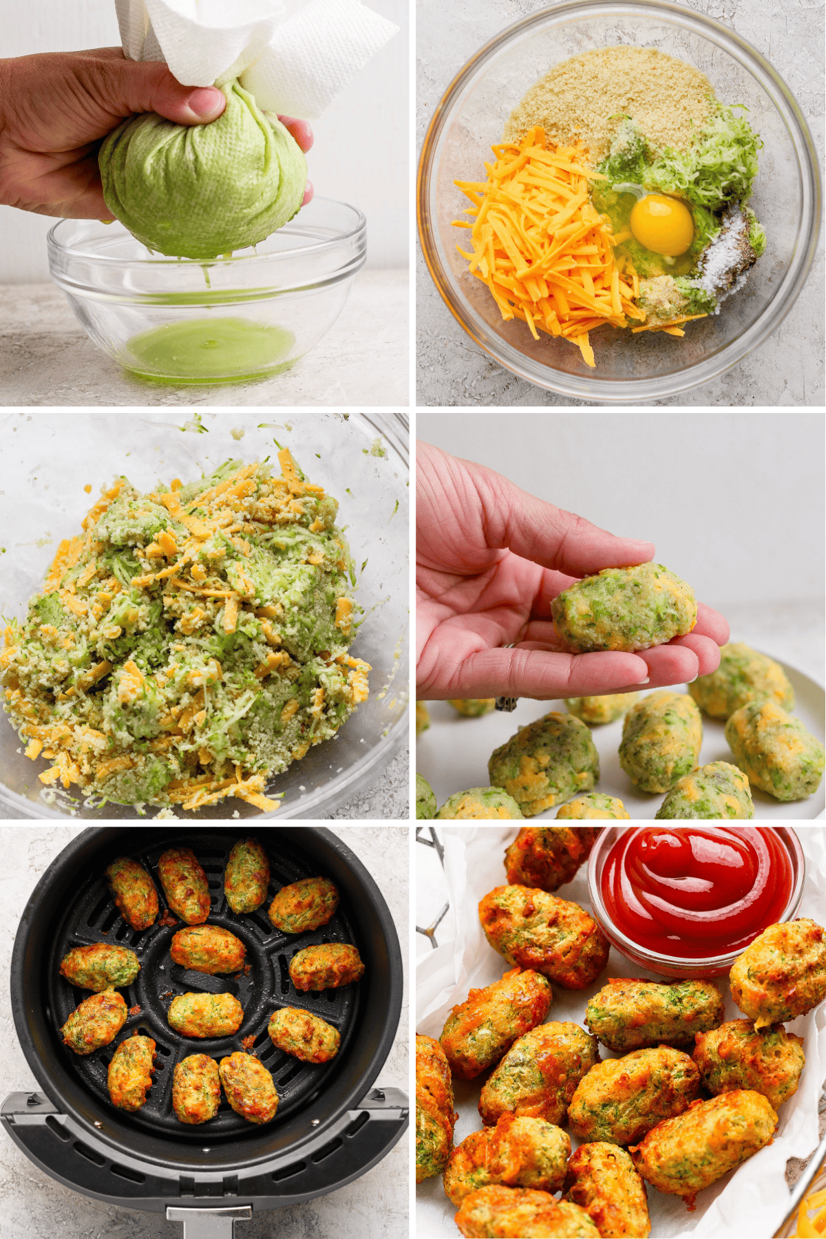 A step-by-step collage shows making broccoli tots: squeezing liquid from broccoli, mixing ingredients, forming tots, arranging in air fryer, and serving with ketchup.