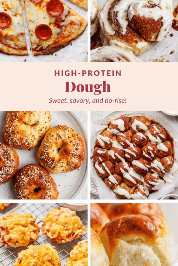 A collage of baked goods made from high-protein dough, including pizza, cinnamon rolls, bagels, pretzel bites, cheddar biscuits, and dinner rolls.