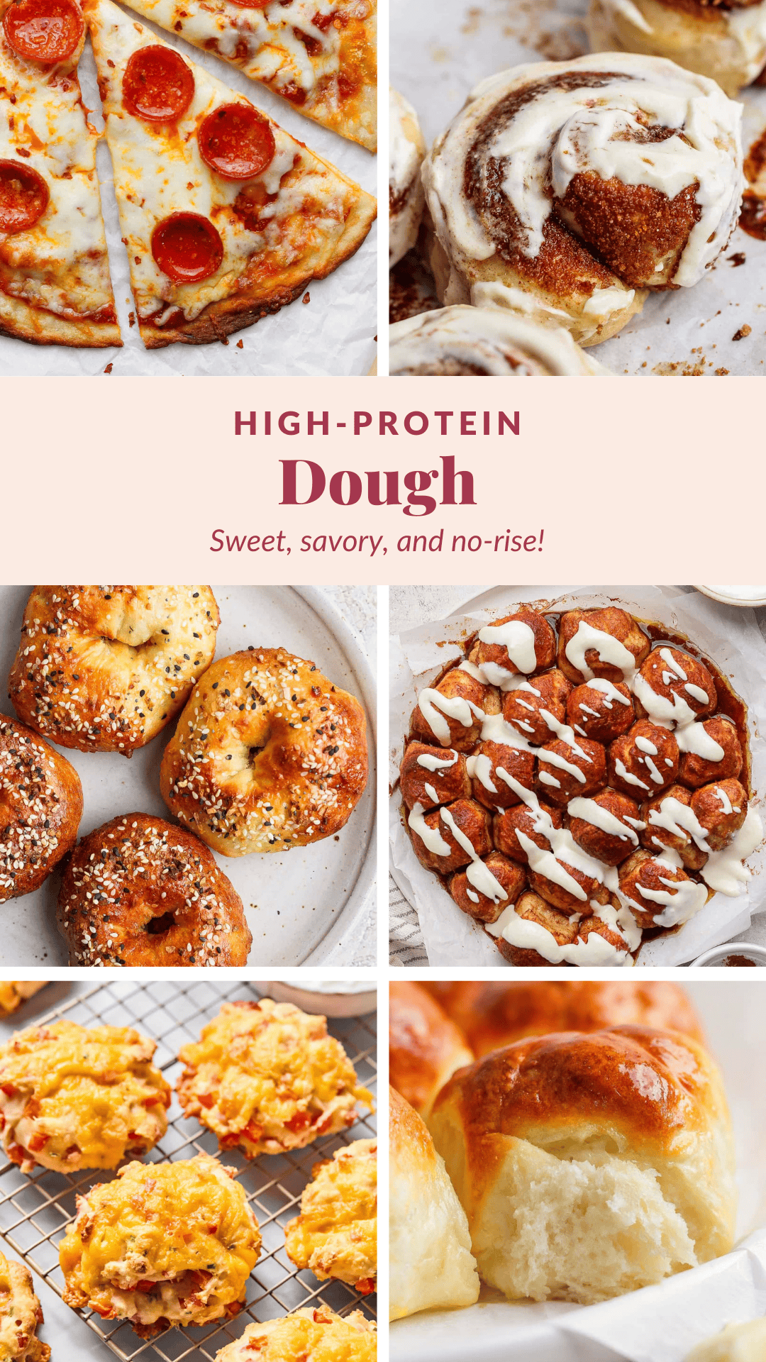 A collage of baked goods made from high-protein dough, including pizza, cinnamon rolls, bagels, pretzel bites, cheddar biscuits, and dinner rolls.