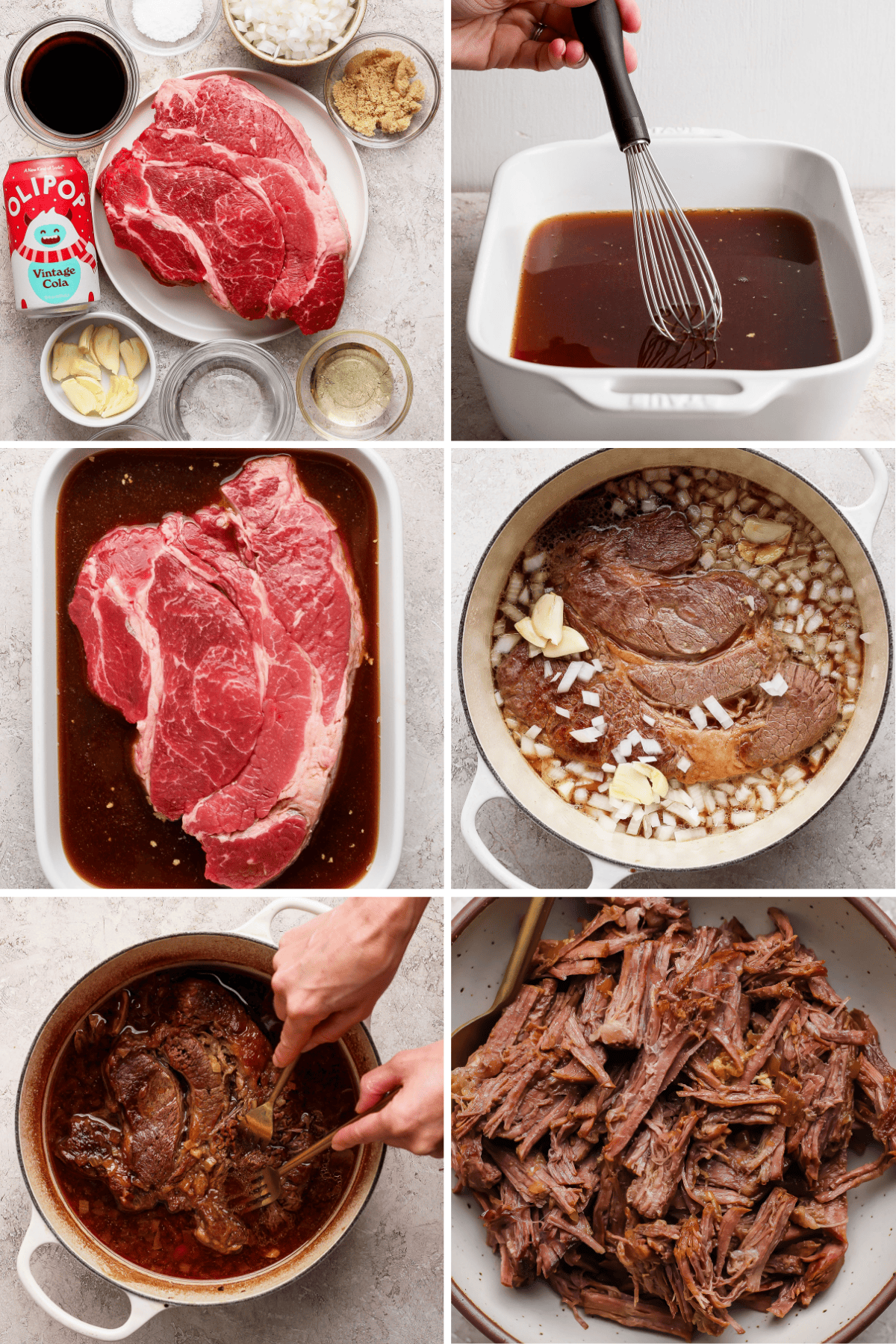 Six-step collage showing preparation of shredded chuck roast: ingredients, mixing broth, marinating, cooking with onions and garlic, shredding cooked beef, and finished shredded beef on a plate.