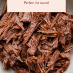 A bowl filled with shredded chuck roast beef with a fork, topped by a label reading "OLIPOP Shredded Beef Perfect for tacos!.