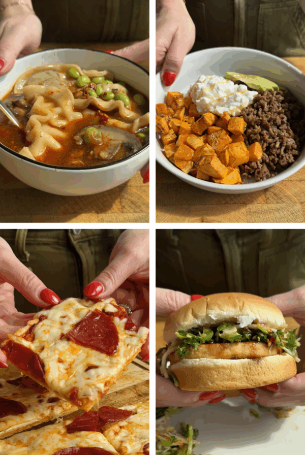 Four photos showing: a bowl of dumpling soup, a bowl with ground beef, sweet potatoes, avocado, and cottage cheese, a hand holding a slice of pepperoni pizza, and a hand holding a hamburger.