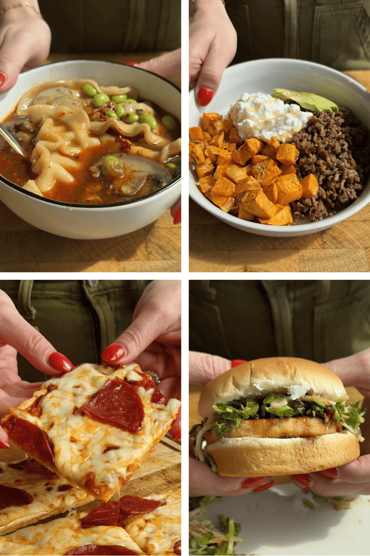 Four photos showing: a bowl of dumpling soup, a bowl with ground beef, sweet potatoes, avocado, and cottage cheese, a hand holding a slice of pepperoni pizza, and a hand holding a hamburger.