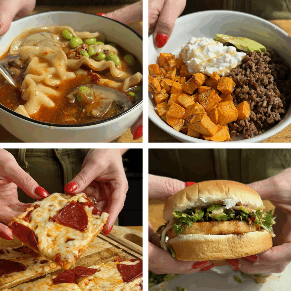 A collage of four meals: noodle soup with dumplings, a bowl with ground beef, sweet potatoes, avocado and cottage cheese, a hand holding pepperoni pizza, and a fish sandwich with lettuce.