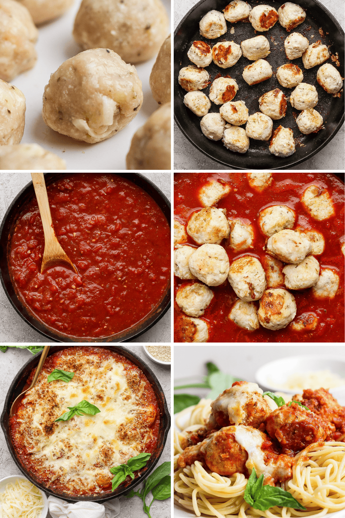 Step-by-step process of making meatballs: shaping raw meatballs, baking them, preparing tomato sauce, combining meatballs with sauce, baking with cheese, and serving over spaghetti.