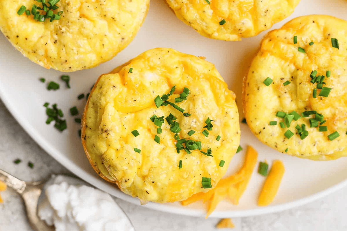 Three baked egg muffins topped with chopped chives sit on a white plate, with shredded cheese and a spoonful of cottage cheese nearby.