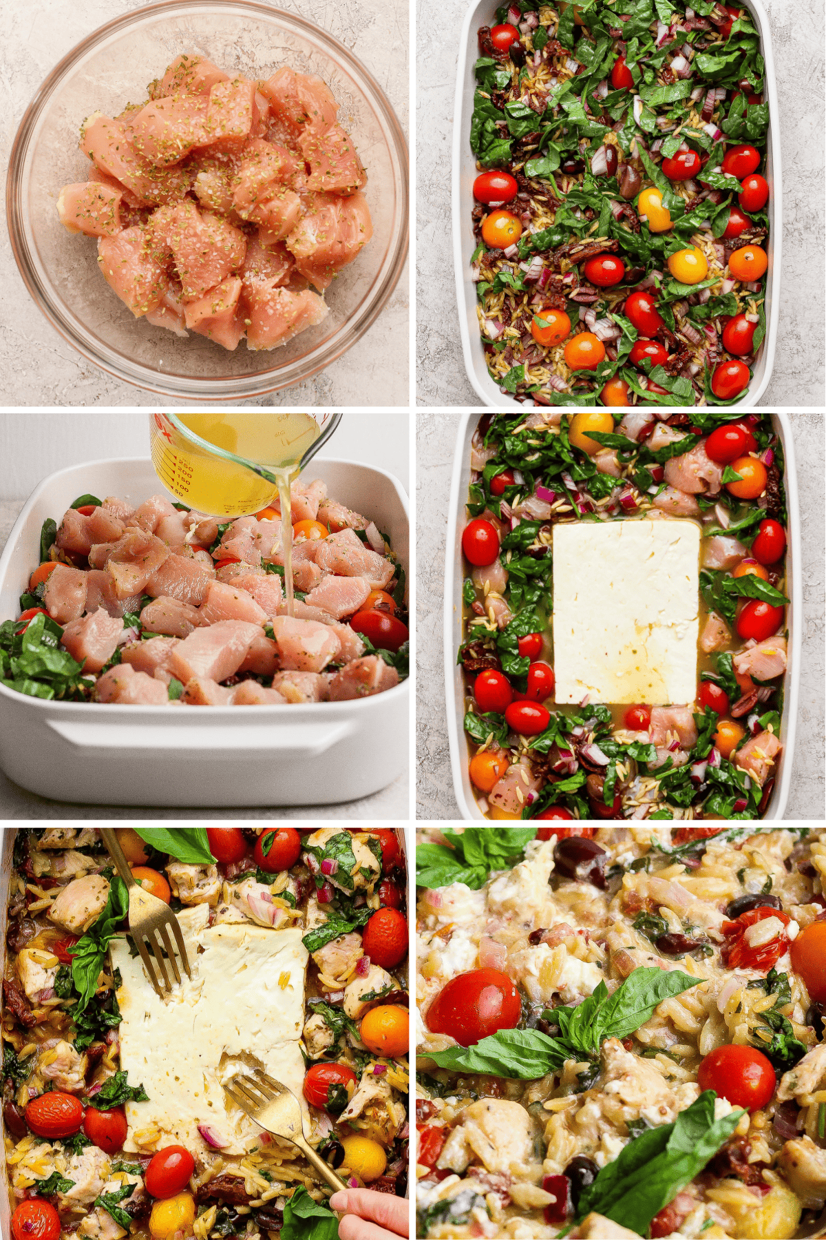 Step-by-step images show seasoned chicken, vegetables, feta, and broth in a baking dish, baked together and mixed into a casserole with tomatoes and greens.
