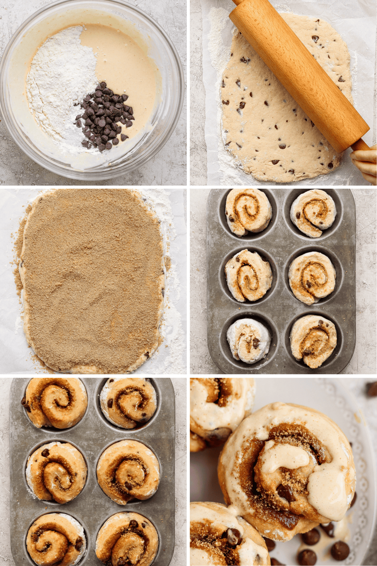 Step-by-step process of making chocolate chip cinnamon rolls, from mixing ingredients to rolling dough, filling, placing in a muffin tin, baking, and topping with icing.