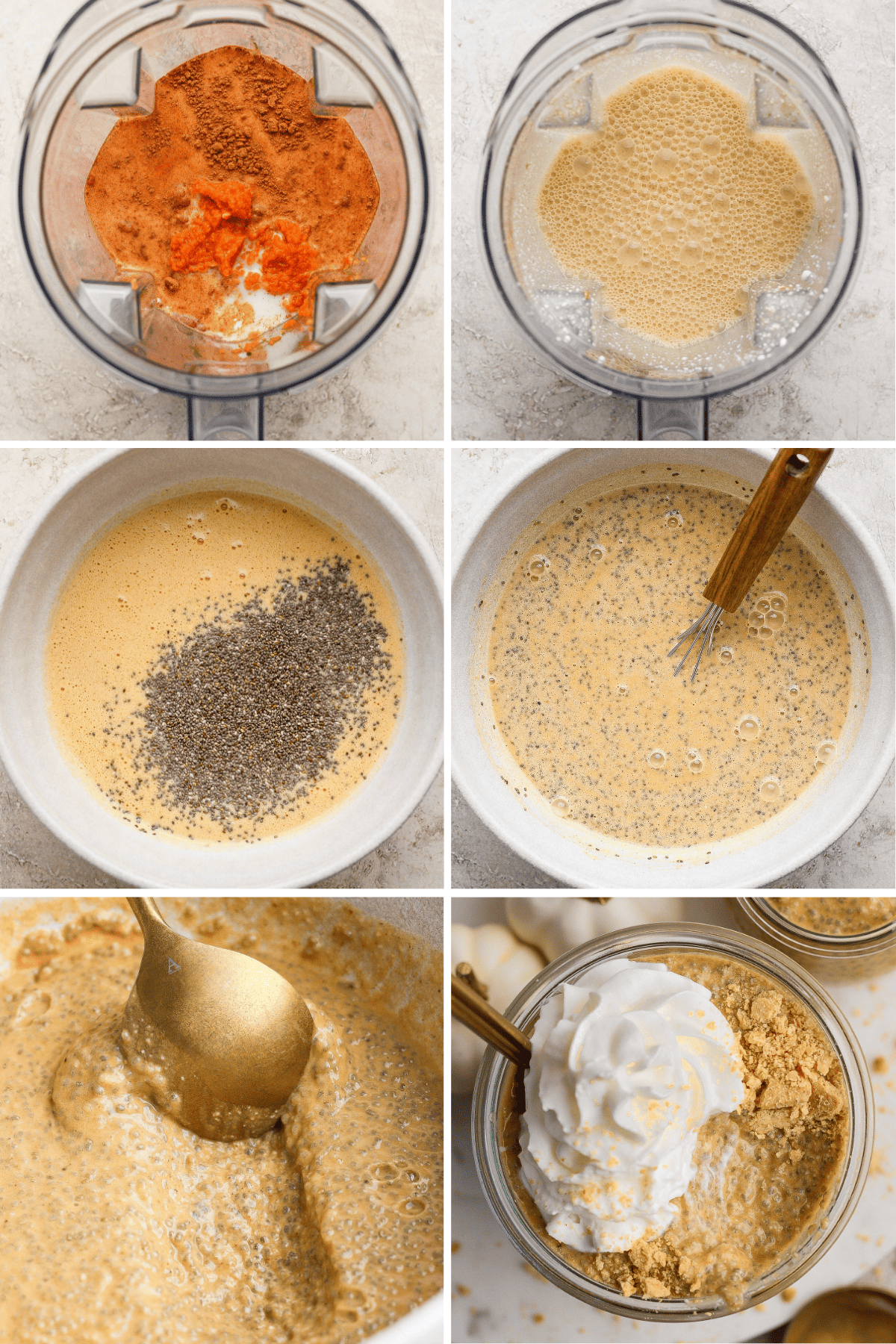 A step-by-step process: blending ingredients, mixing in chia seeds, stirring, and topping a finished pumpkin chia pudding with whipped cream in a glass.