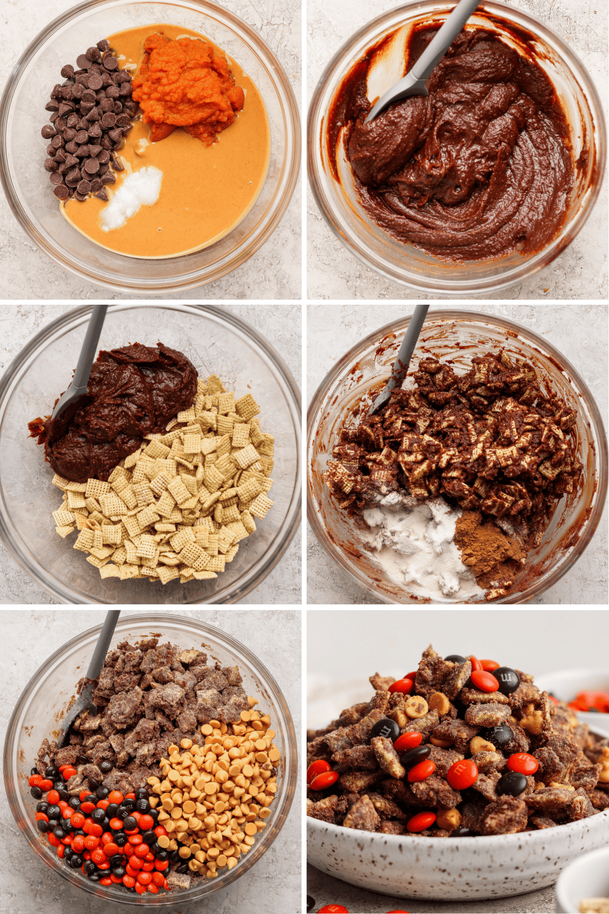 Six images show the step-by-step process of mixing ingredients in bowls to make a snack mix with cereal, chocolate, peanut butter, coconut, spices, and candy-coated chocolates.