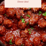 A skillet filled with meatballs in tomato sauce, garnished with chopped parsley, with text overlay reading "Sloppy Joe Meatballs Dinner idea!.