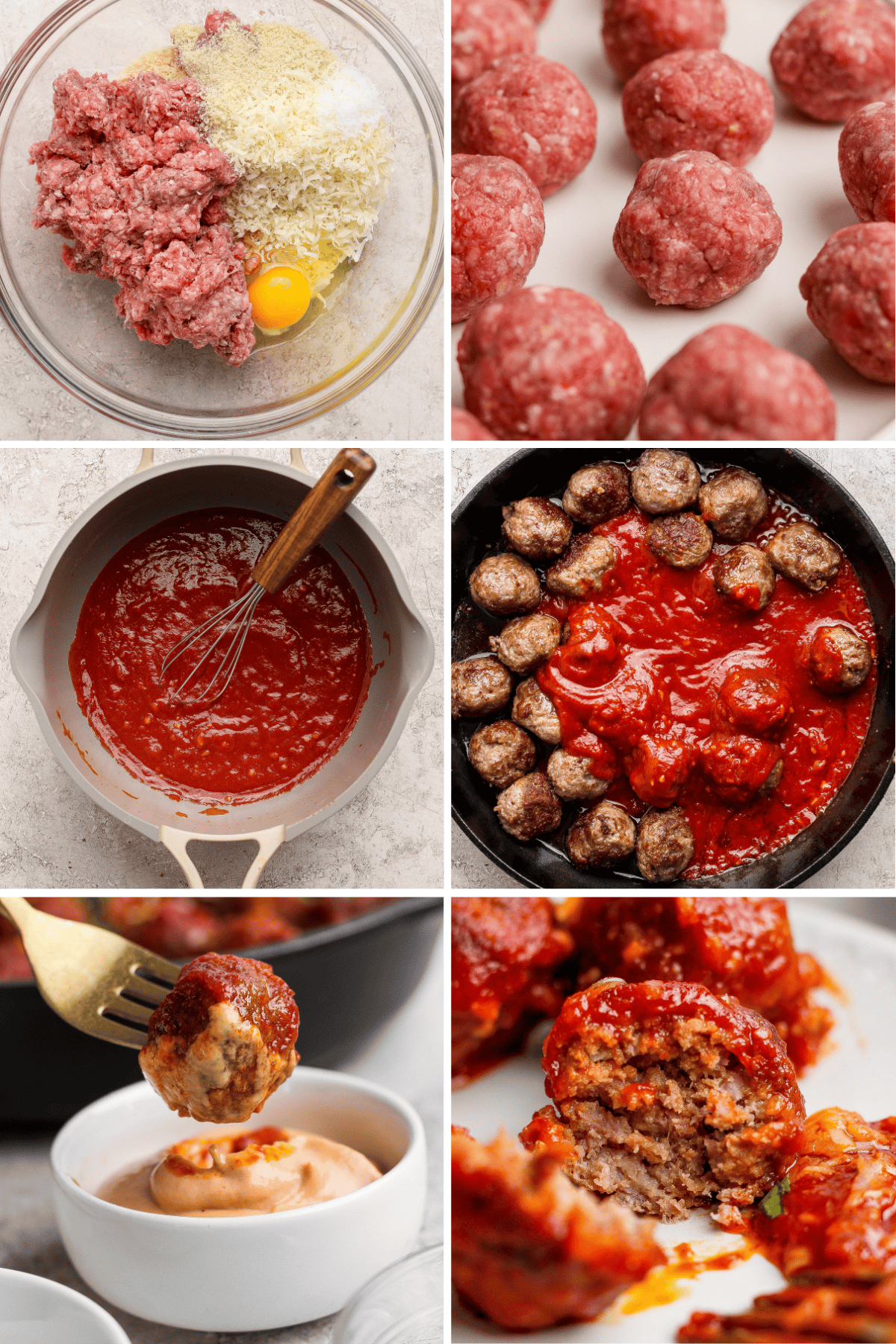 A step-by-step collage showing raw meatball mixture, shaped meatballs, sauce preparation, meatballs cooking in sauce, a dipped meatball, and a meatball cut open to reveal the inside.