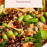 Close-up of Thai coconut dumpling soup with greens, edamame, ground meat, noodles, and chili oil, topped with text labeling the dish as "Deconstructed Thai Coconut Dumpling Soup.