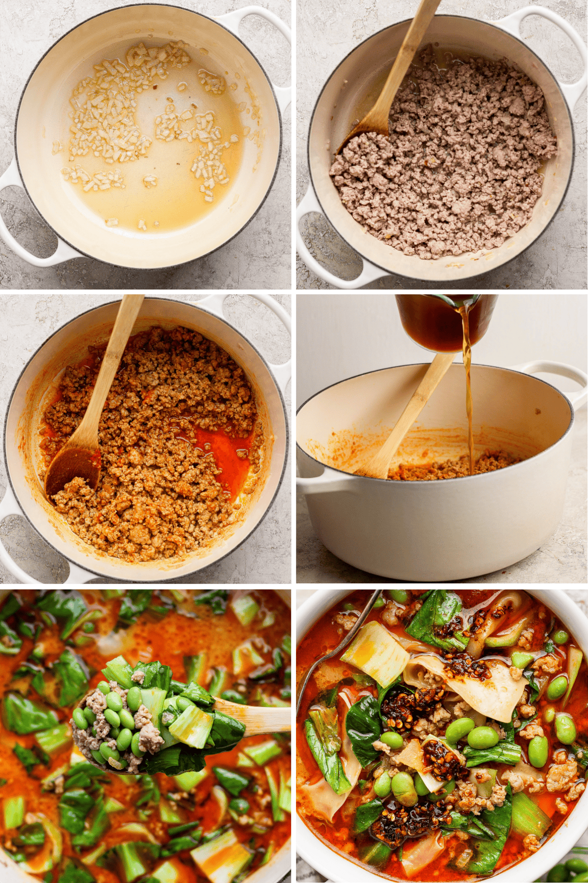 Six-panel image showing the step-by-step process of cooking a soup; browning garlic and ground meat, adding broth, vegetables, and finishing with garnishes.