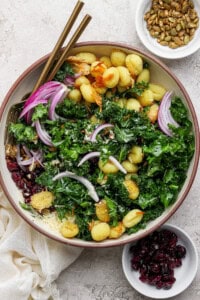 A bowl of salad with gnocchi, kale, red onion, dried cranberries, and grated cheese, with small bowls of pumpkin seeds and more cranberries on the side.
