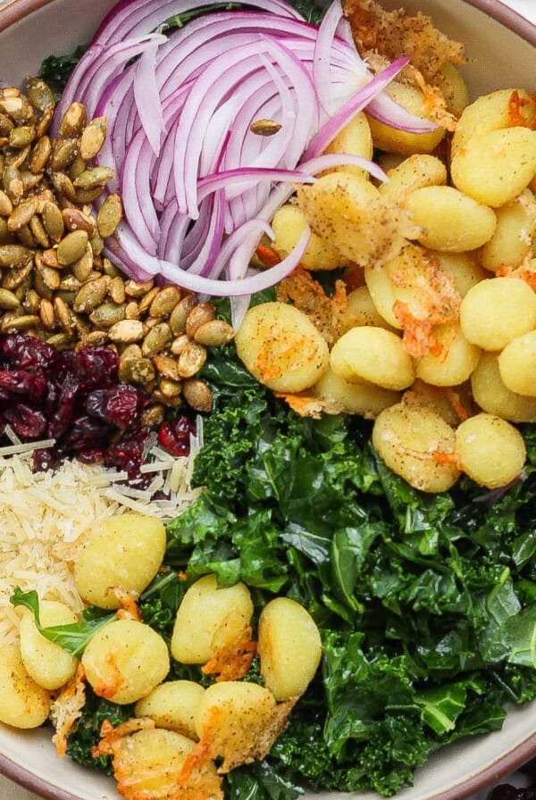A bowl containing cooked gnocchi, kale, shredded parmesan, dried cranberries, pumpkin seeds, sliced red onions, and breadcrumbs.