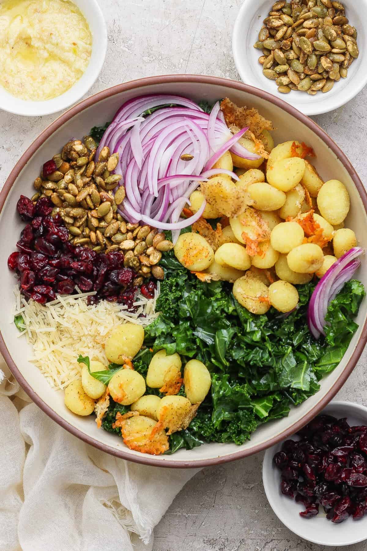 A bowl filled with cooked gnocchi, sliced red onions, kale, grated cheese, dried cranberries, and roasted pepitas, with small bowls of dressing, pepitas, and cranberries on the side.