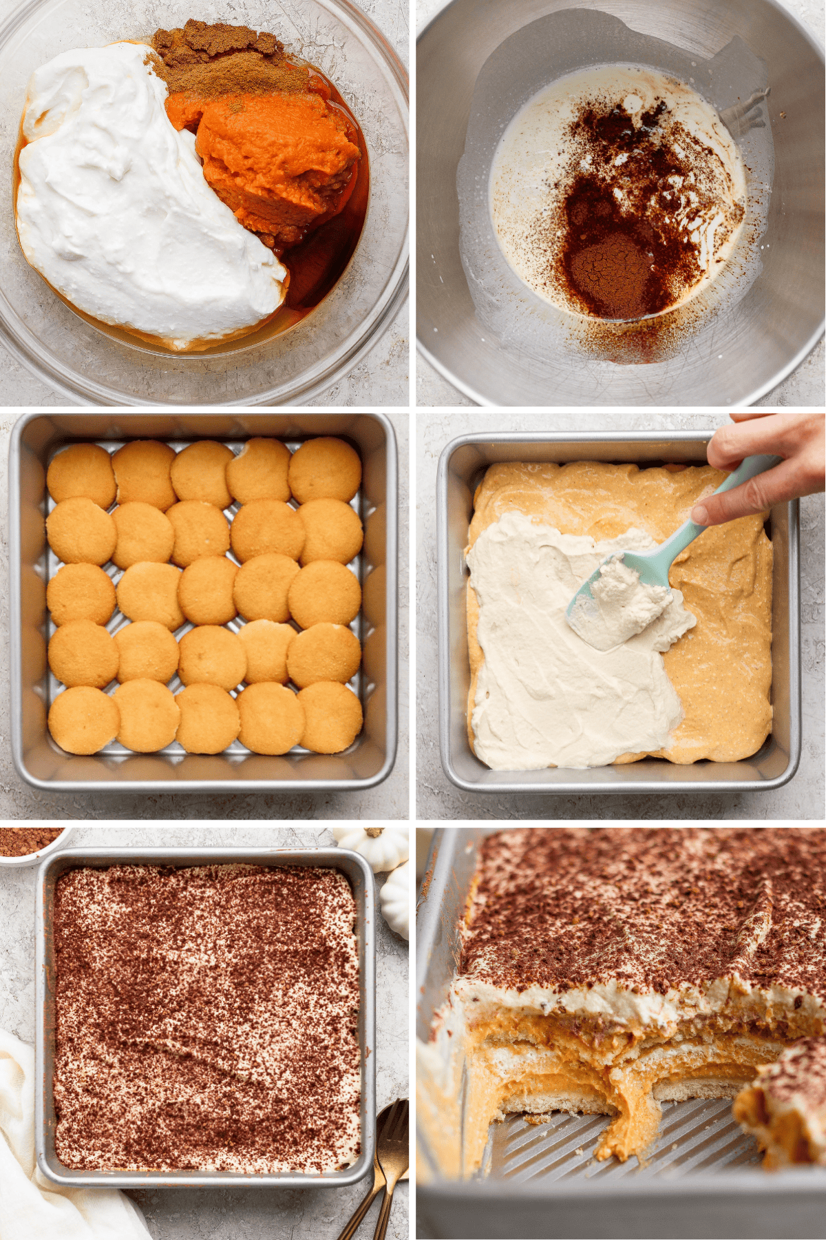 Six-panel collage showing the steps to make a layered dessert: mixing ingredients, layering cookies, spreading cream, topping with cocoa, and a sliced final product in a baking dish.