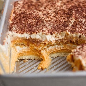 A metal baking pan with a partially sliced layered dessert featuring cream, a pumpkin-colored layer, and cocoa powder sprinkled on top.
